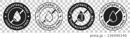Cholesterol free label. Trans fat free icon. Zero cholesterol illustration for product packaging logo, sign, symbol, badge or emblem isolated. 136490140