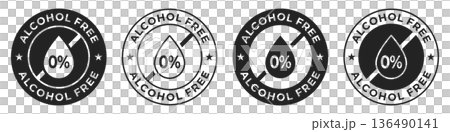 Alcohol free label. Nonalcoholic badge. Zero percent of alcohol illustration for product packaging icon, logo, sign, symbol or emblem isolated. 136490141