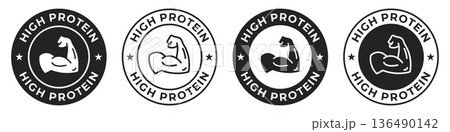 High protein label. Rich source of protein badge. Bodybuilding illustration for product packaging icon, logo, sign, symbol or emblem isolated. High protein label. Rich source of protein badge. Bodybuilding illustration for product packaging icon, logo, sign, symbol or emblem isolated. 136490142