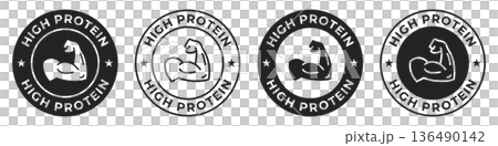High protein label. Rich source of protein badge. Bodybuilding illustration for product packaging icon, logo, sign, symbol or emblem isolated. 136490142