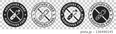 Additives free label. No chemicals illustration for product packaging logo, sign, symbol, badge or emblem. Additives free icon isolated. Additives free label. No chemicals illustration for product packaging logo, sign, symbol, badge or emblem. Additives free icon isolated. 136490145