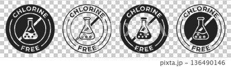 Chlorine free label. Chloride and phosphate free illustration for product packaging logo, sign, symbol, badge or emblem. Chemicals free certified icon isolated. 136490146