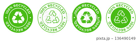Made from 100 recycled materials label. Zero waste icon. Environmental reusable plastic illustration for product packaging logo, sign, symbol, badge or emblem isolated. 136490149