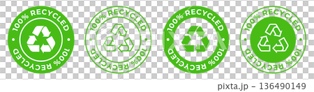 Made from 100 recycled materials label. Zero waste icon. Environmental reusable plastic illustration for product packaging logo, sign, symbol, badge or emblem isolated. 136490149