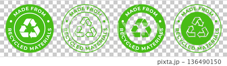 Made from recycled materials label. Zero waste vector icon. Reusable plastic illustration for product packaging logo, sign, symbol, badge or emblem isolated. 136490150