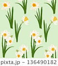 Seamless spring pattern with hand drawn daffodil flowers in whimsical style. Floral repeat background for textile, wrapping paper, wallpaper, fabric, packaging and seasonal design projects. 136490182