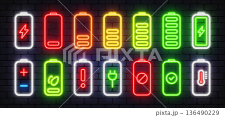 Neon vector collection of battery charge indicators with various status symbols. Bright glowing levels show power, warning, eco mode and full capacity. Perfect for tech apps, energy themes. 136490229
