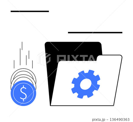 Financial management, data organization, digital economy, business analytics, cloud storage, investment planning. Blue gear on folder and falling coins. Financial management and data organization 136490363
