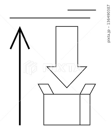 Logistics, packaging, delivery, movement, direction, organization. Arrow pointing up, arrow pointing down into an open box. Logistics and packaging concept conveying movement and direction Logistics, packaging, delivery, movement, direction, organization. Arrow pointing up, arrow pointing down into an open box. Logistics and packaging concept conveying movement and direction 136490387