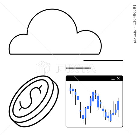 Financial technology, stock trading, digital economy, cloud computing, data analytics, fintech solutions. Minimalist cloud, dollar coin stock chart. Financial technology and stock trading 136490391