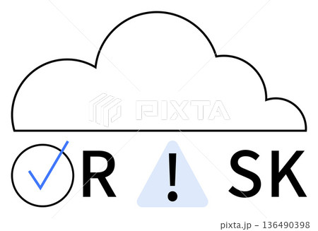 Risk management, decision-making, safety evaluation, cloud services, data security, hazard assessment. Cloud over icons with checkmark and exclamation triangle. Risk and decision-making visualization 136490398