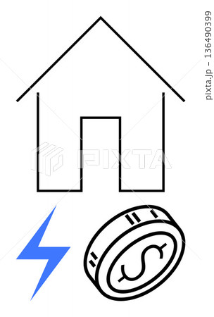 Energy savings, home expenses, green energy, budgeting, electricity costs, sustainable living. A house outline, lightning bolt and dollar coin. Energy savings and home expenses concept Energy savings, home expenses, green energy, budgeting, electricity costs, sustainable living. A house outline, lightning bolt and dollar coin. Energy savings and home expenses concept 136490399
