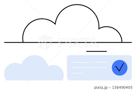 Cloud technology, data security, online authentication, digital storage, secure access, data management. ion of a cloud with a verification checkmark. Cloud technology and data security concept 136490405