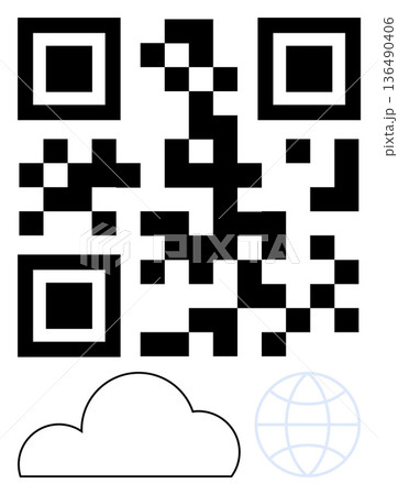 Cloud storage, global technology, QR code usage, digital communication, internet connectivity, information exchange. QR code above cloud and globe. Cloud storage and global technology concept 136490406