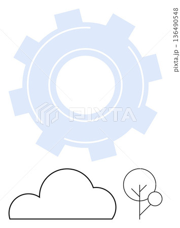Technology, innovation, sustainability, environmental connection, industrial development, modernization. A cogwheel, cloud and tree in minimalist design. Technology and sustainability integration Technology, innovation, sustainability, environmental connection, industrial development, modernization. A cogwheel, cloud and tree in minimalist design. Technology and sustainability integration 136490548