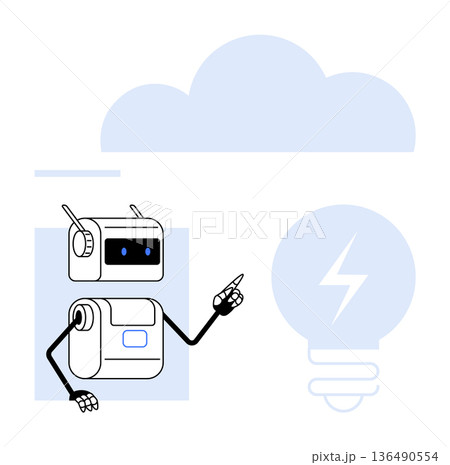 Artificial intelligence, machine learning, cloud computing, innovation, technology concepts, digital solutions. A robot pointing to a lightbulb and cloud icon. AI and innovation concepts Artificial intelligence, machine learning, cloud computing, innovation, technology concepts, digital solutions. A robot pointing to a lightbulb and cloud icon. AI and innovation concepts 136490554
