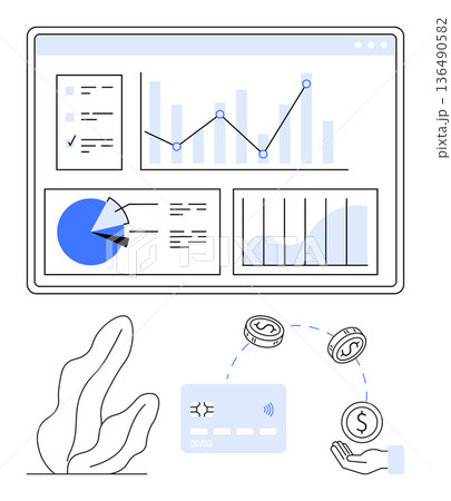 Data analysis, financial management, e-commerce, investment tracking, business growth, technology interface. A data dashboard displays analytics with graphs and charts, alongside a card and coin Data analysis, financial management, e-commerce, investment tracking, business growth, technology interface. A data dashboard displays analytics with graphs and charts, alongside a card and coin 136490582
