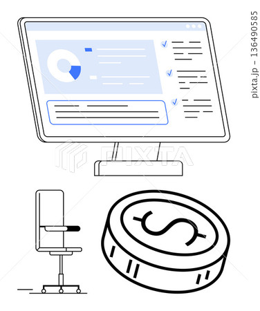 Business management, finance planning, workspace organization, analytics, digital tools, budgeting. Monitor displaying data, office chair and dollar coin. Business management and finance concept 136490585