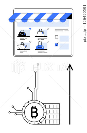 E-commerce trends, cryptocurrency payments, blockchain technology, digital financial growth, online transactions, and fintech solutions. Shopping website with Bitcoin symbol and upward arrow E-commerce trends, cryptocurrency payments, blockchain technology, digital financial growth, online transactions, and fintech solutions. Shopping website with Bitcoin symbol and upward arrow 136490591
