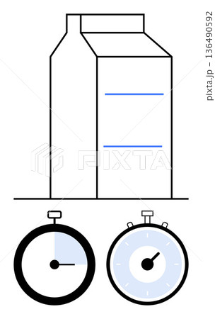 Time management, freshness, food production, expiration dates, dairy processing, efficiency. Milk carton alongside two stopwatches. Time management and freshness in food production concept Time management, freshness, food production, expiration dates, dairy processing, efficiency. Milk carton alongside two stopwatches. Time management and freshness in food production concept 136490592