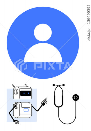 Artificial intelligence, healthcare, telemedicine, patient care, medical technology, online consultation. A user icon, robotic assistant and stethoscope . AI in healthcare and telemedicine 136490593