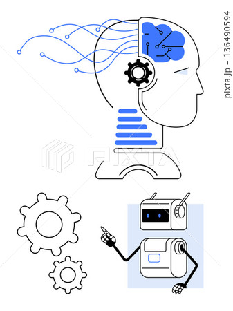 Artificial intelligence, robotics, machine learning, automation, innovation, technology. Human head with brain and gears, robot pointing. AI and robotics concept innovation and technology Artificial intelligence, robotics, machine learning, automation, innovation, technology. Human head with brain and gears, robot pointing. AI and robotics concept innovation and technology 136490594