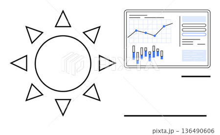 Renewable energy, solar power, data analysis, environmental technology, statistics, sustainability. A sun icon alongside data charts and graphs. Renewable energy and solar power dynamics Renewable energy, solar power, data analysis, environmental technology, statistics, sustainability. A sun icon alongside data charts and graphs. Renewable energy and solar power dynamics 136490606