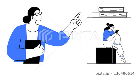 Education, learning, teaching, academic resources, digital knowledge, school system. A teacher pointing at something and a student reading with books. Education and learning concept Education, learning, teaching, academic resources, digital knowledge, school system. A teacher pointing at something and a student reading with books. Education and learning concept 136490614