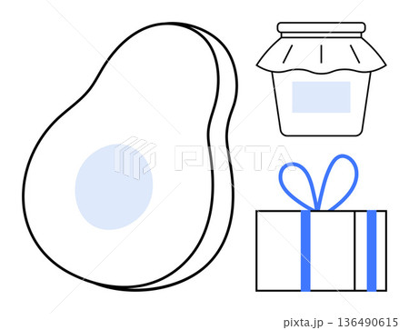 Food packaging, gift presentation, healthy lifestyle, organic products, minimalism, modern design. A bold avocado, decorated gift box and jam jar. Food packaging and gift presentation concept Food packaging, gift presentation, healthy lifestyle, organic products, minimalism, modern design. A bold avocado, decorated gift box and jam jar. Food packaging and gift presentation concept 136490615