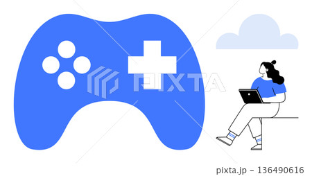 Gaming, remote work, technology, recreation, cloud computing, digital interaction. A blue game controller with a person using a laptop under a cloud graphic. Gaming and technology concept Gaming, remote work, technology, recreation, cloud computing, digital interaction. A blue game controller with a person using a laptop under a cloud graphic. Gaming and technology concept 136490616