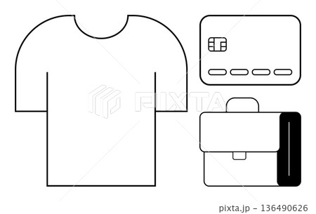 E-commerce, retail, shopping, business essentials, corporate identity, trade. Minimal outlines of a t-shirt, credit card and briefcase. E-commerce and retail visual concept E-commerce, retail, shopping, business essentials, corporate identity, trade. Minimal outlines of a t-shirt, credit card and briefcase. E-commerce and retail visual concept 136490626