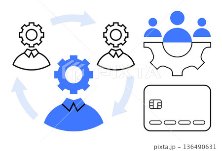 Workflow optimization, business operations, team collaboration, digital payments, automation, financial systems. Gear and people icons with credit card. Automation and business operations concept Workflow optimization, business operations, team collaboration, digital payments, automation, financial systems. Gear and people icons with credit card. Automation and business operations concept 136490631