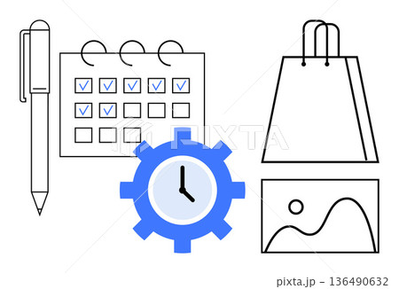 Time management, business planning, online shopping, scheduling, productivity, organization. Pen, checklist calendar gear with clock shopping bag and image frame. Time management and business Time management, business planning, online shopping, scheduling, productivity, organization. Pen, checklist calendar gear with clock shopping bag and image frame. Time management and business 136490632