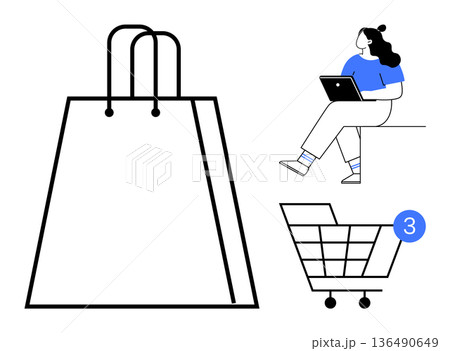 Online shopping, e-commerce, retail technology, digital purchases, virtual carts, consumer convenience. Shopping bag, woman using laptop and shopping cart with notification. Online shopping 136490649