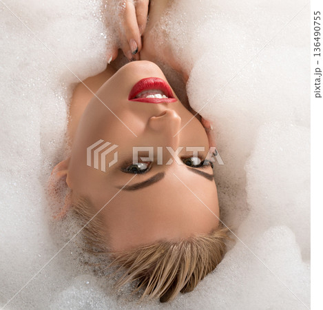 Erotic young blonde in foam bath 136490755