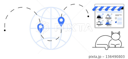 Ecommerce, online shopping, global navigation, digital connectivity, customer experience, logistics. Globe with location pins, online store interface and a cat. Ecommerce and online shopping concept 136490803