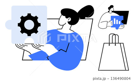 Business innovation, data analysis, e-commerce, teamwork, product management, problem-solving. Woman holding gear puzzle piece, person analyzing data shopping bag graphic. Business innovation Business innovation, data analysis, e-commerce, teamwork, product management, problem-solving. Woman holding gear puzzle piece, person analyzing data shopping bag graphic. Business innovation 136490804