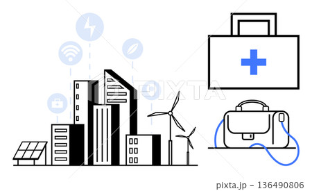 Smart city development, renewable energy, healthcare, connectivity, sustainable living, urban planning. Modern cityscape with wind turbines and medical icons. Smart city and renewable energy visual Smart city development, renewable energy, healthcare, connectivity, sustainable living, urban planning. Modern cityscape with wind turbines and medical icons. Smart city and renewable energy visual 136490806