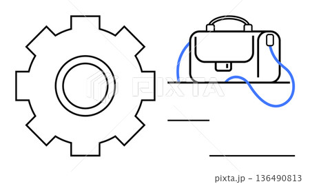 Business process, organization, engineering, career, workflow, productivity. A gear beside a briefcase with minimalist lines. Business process and organization 136490813