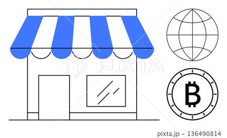 E-commerce, cryptocurrency, global trade, digital payments, online shopping, small business. Small store, Bitcoin symbol and globe icon. Cryptocurrency and e-commerce illustrated 136490814