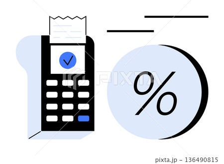 E-commerce, financial transactions, sales, discounts, payment processing, mobile banking. Digital terminal with receipt and check mark next to a percentage sign. Financial transactions and sales 136490815