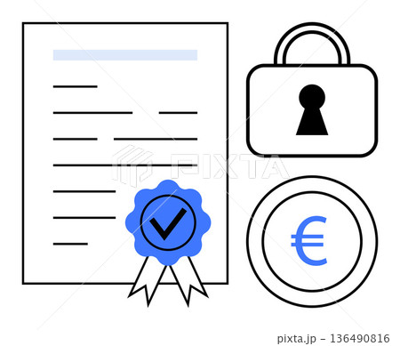 Certification, data protection, financial security, compliance, trust, authentication. Document with seal, lock symbol and euro coin. Certification and data protection secure documentation and trust Certification, data protection, financial security, compliance, trust, authentication. Document with seal, lock symbol and euro coin. Certification and data protection secure documentation and trust 136490816