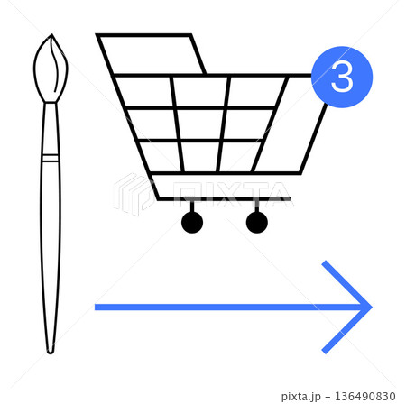 E-commerce, online shopping, art supplies, creative process, notifications, digital design. Shopping cart with notification bubble, paintbrush and arrow. E-commerce and online shopping concept 136490830