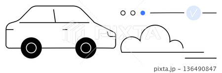 Automotive technology, car safety, security systems, cloud computing, eco-friendly travel, innovation. Minimalistic car outline, cloud symbol check mark and progress indicators. Automotive 136490847