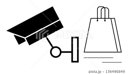 Retail security, customer behavior tracking, theft prevention, surveillance systems, consumer experience, and store monitoring. A security camera and shopping bag. Retail security and customer 136490849