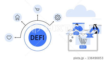 Digital banking, e-commerce, financial technology, blockchain, decentralized economy, fintech. Visual with DEFI connections and digital transactions. E-commerce and financial technology concepts 136490853