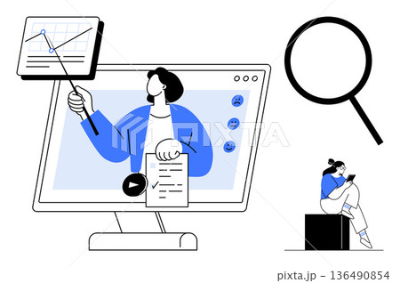 Online education, data analysis, work-from-home, communication tools, teamwork, research presentation. A person presenting on a screen with charts and documents. Online education and data analysis Online education, data analysis, work-from-home, communication tools, teamwork, research presentation. A person presenting on a screen with charts and documents. Online education and data analysis 136490854