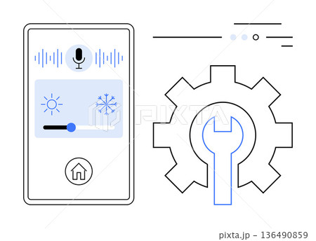 Home automation, smart devices, voice control, IoT technology, interface design, device management. Digital interface with a microphone, brightness control and gear icon. Home automation and voice 136490859