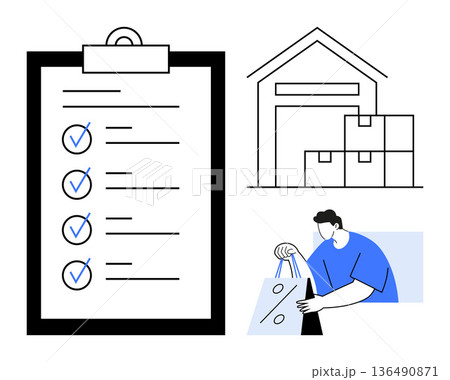 E-commerce, warehouse logistics, inventory management, delivery services, order fulfillment, retail shopping. Includes a checklist, warehouse storage and a person holding shopping bags. E-commerce 136490871