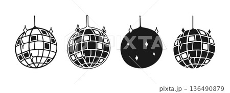 Disco Ball Illustration Simple Hand Drawn Doodle Set Shining Mirror Sphere Sparkle Stars Line Sketch 136490879